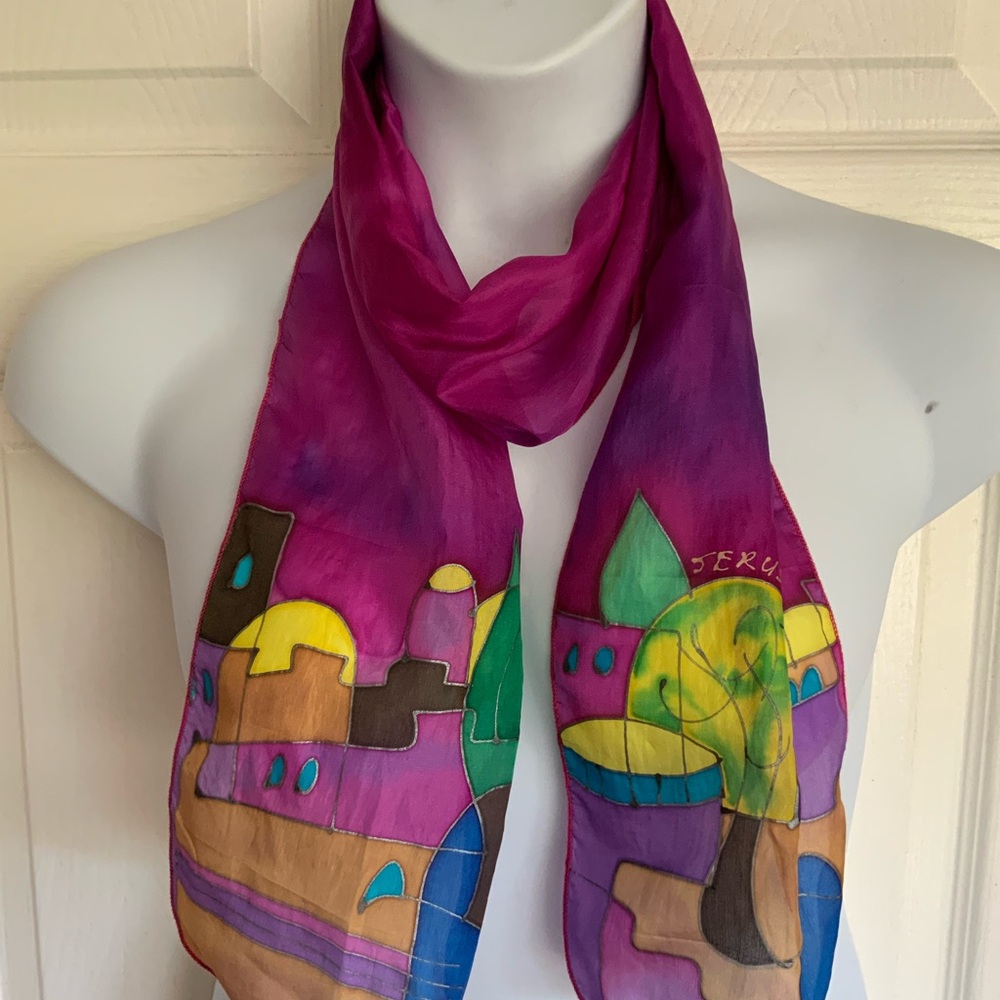 Vibrant artistic silkscreened silk scarf
